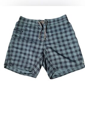 Patagonia Wavefarer Board Shorts Men’s 35 Plaid Green Gray Surf Swim Trunks